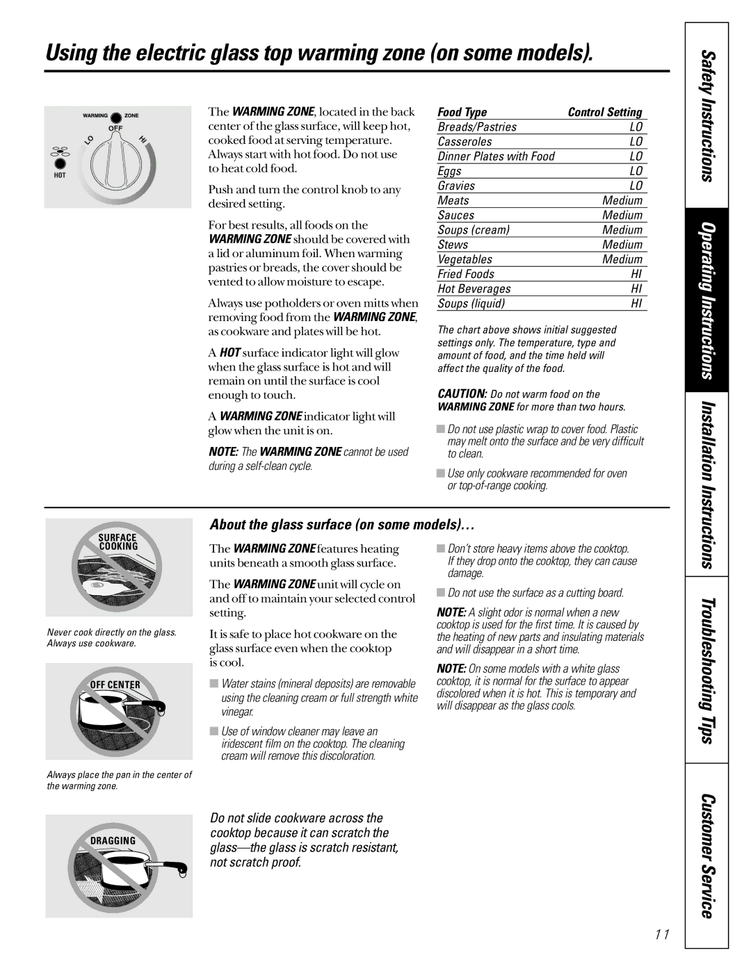 GE JGB910 Using the electric glass top warming zone on some models, Instructions Operating Instructions Installation 