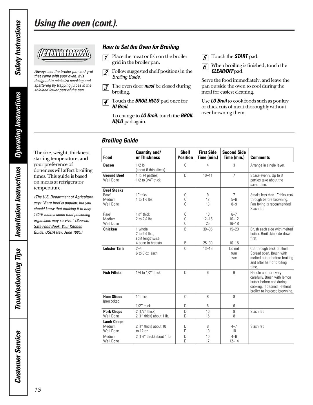 GE JGB910 Troubleshooting Tips Installation Instructions Operating, How to Set the Oven for Broiling, Broiling Guide 