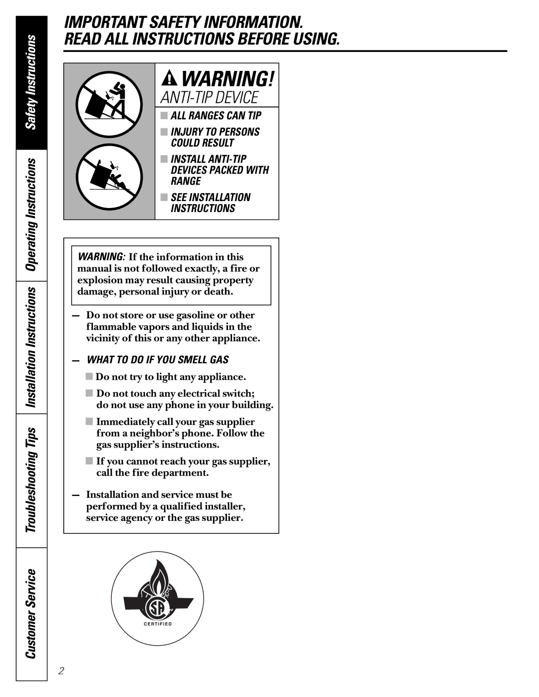 GE JGB910 owner manual ANTI-TIP Device, Customer Service 