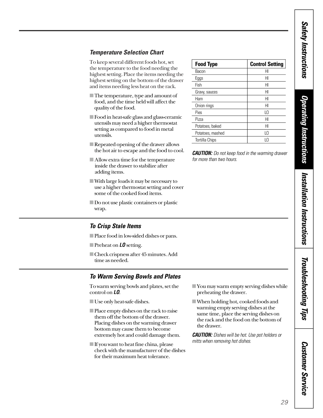 GE JGB910 owner manual Troubleshooting Tips Customer Service, Temperature Selection Chart, To Crisp Stale Items 