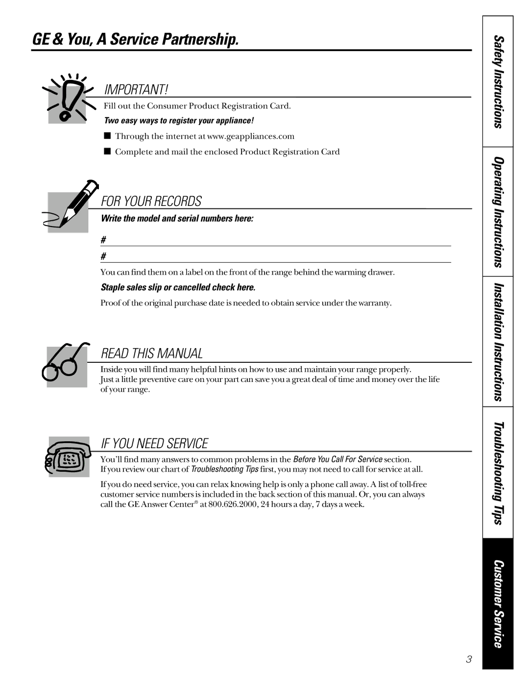 GE JGB910 owner manual GE & You, a Service Partnership, Write the model and serial numbers here 