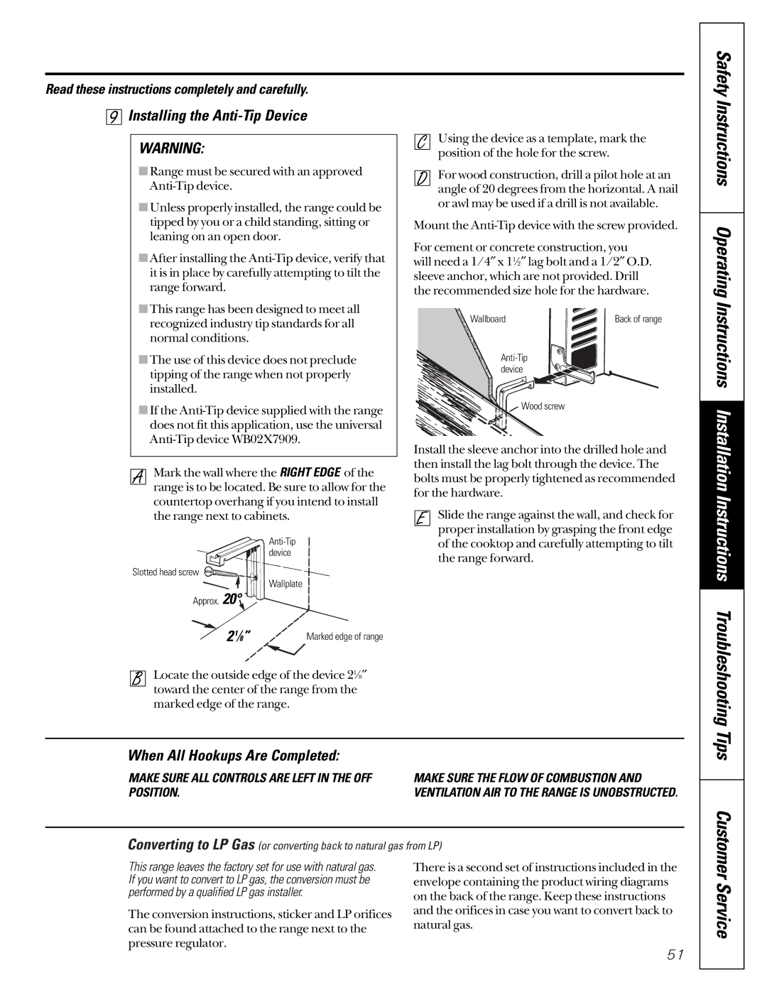 GE JGB910 owner manual Installing the Anti-Tip Device, When All Hookups Are Completed, Troubleshooting Tips Customer 