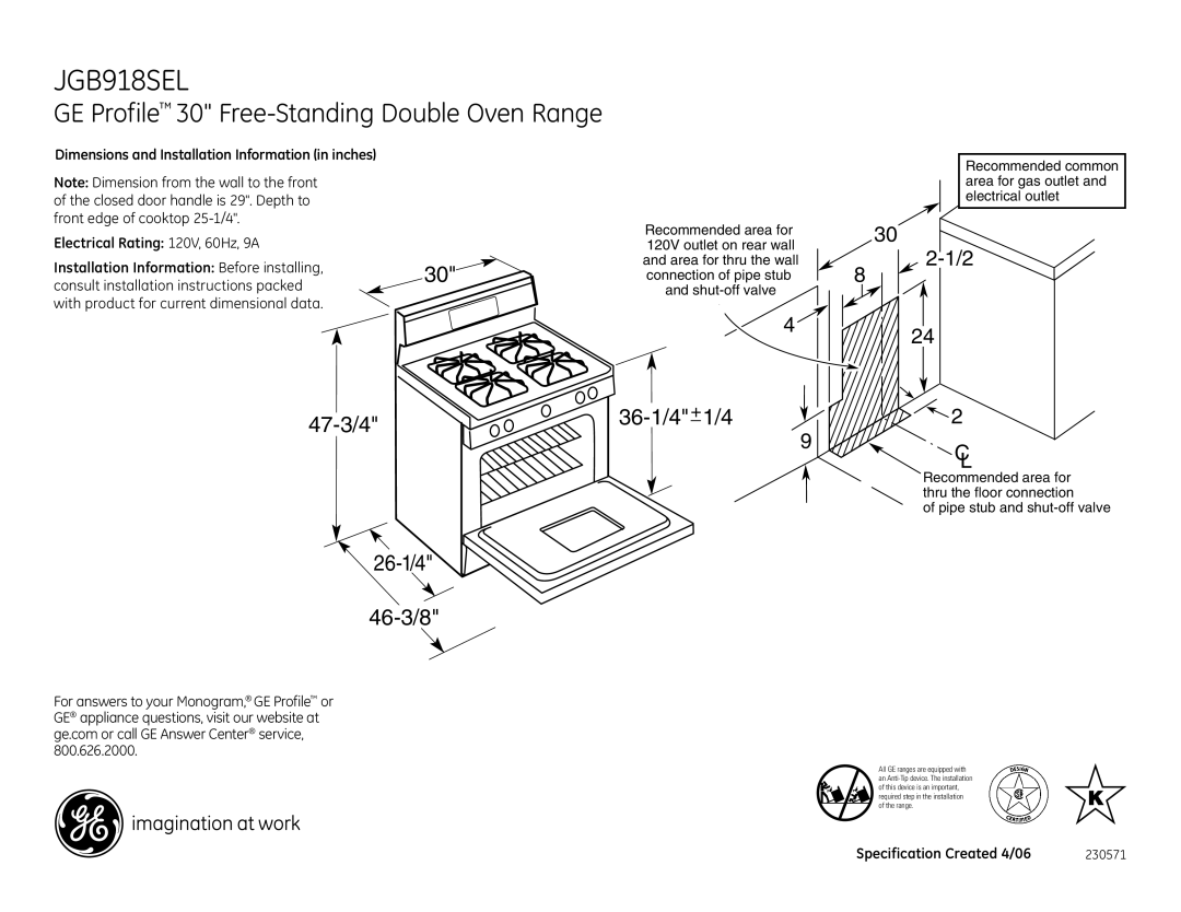 GE JGB918SEL dimensions GE Profile 30 Free-Standing Double Oven Range, 47-3/4 26-1/4 46-3/8, 36-1/4+1/4 