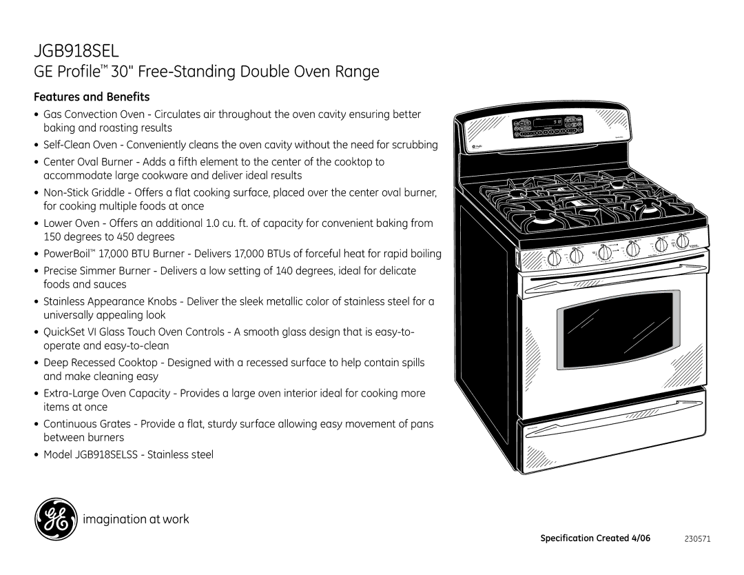 GE JGB918SEL dimensions GE Profile 30 Free-Standing Double Oven Range, Features and Benefits, Lower Oven 