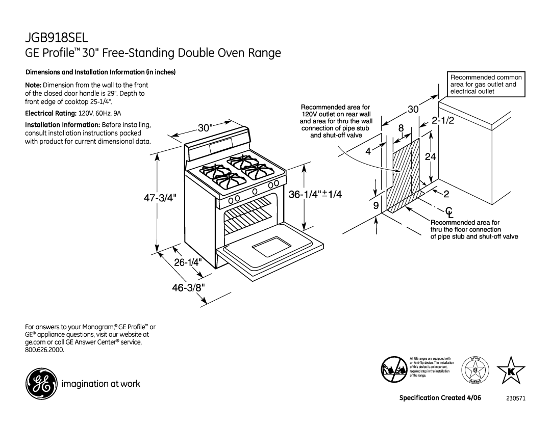 GE JGB918SEL dimensions GE Profile 30 Free-StandingDouble Oven Range, 47-3/4 26-1/4 46-3/8, 36-1/4+1/4, 2-1/2 24 2 C L 