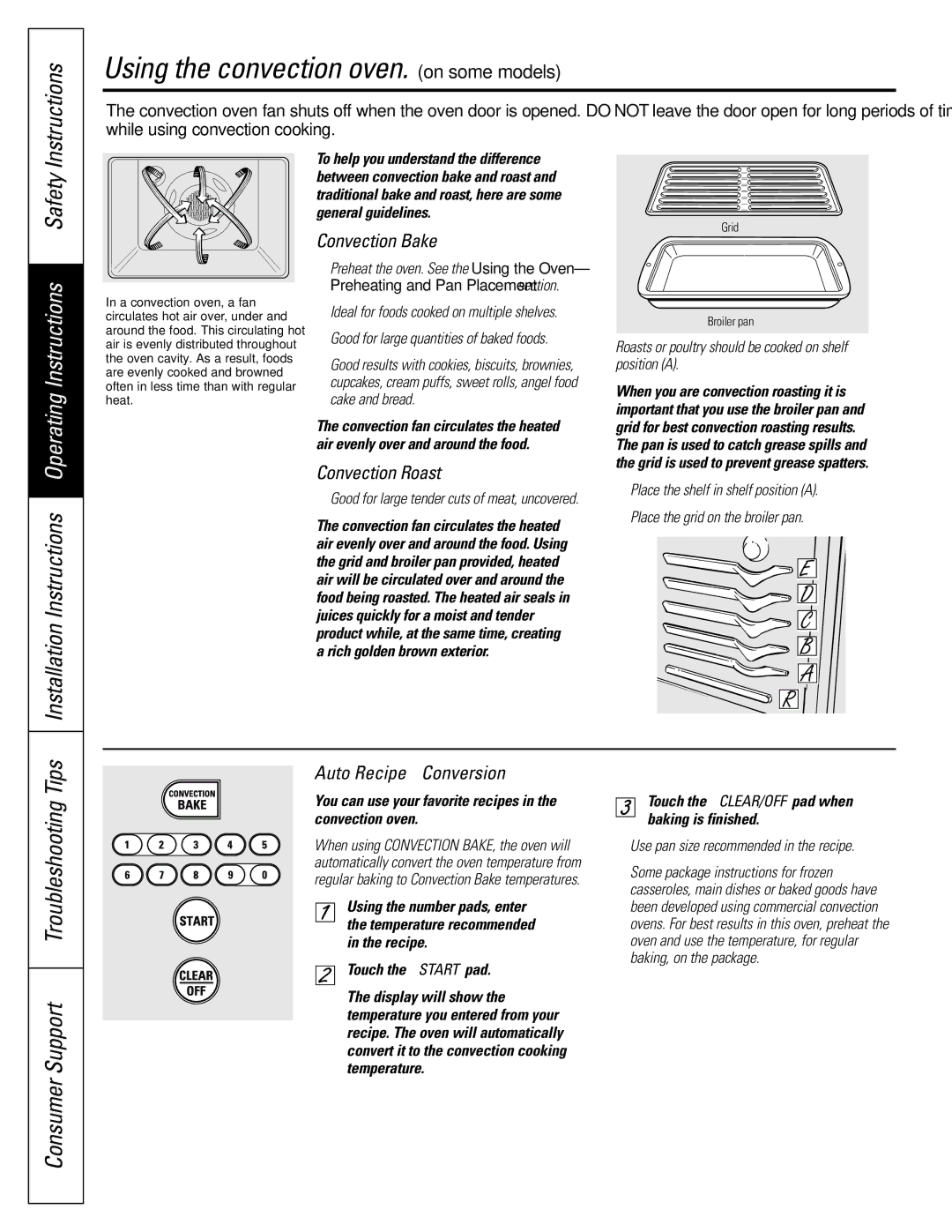 GE JGB920 Using the convection oven. on some models, Installation Instructions Operating Instructions Safety 