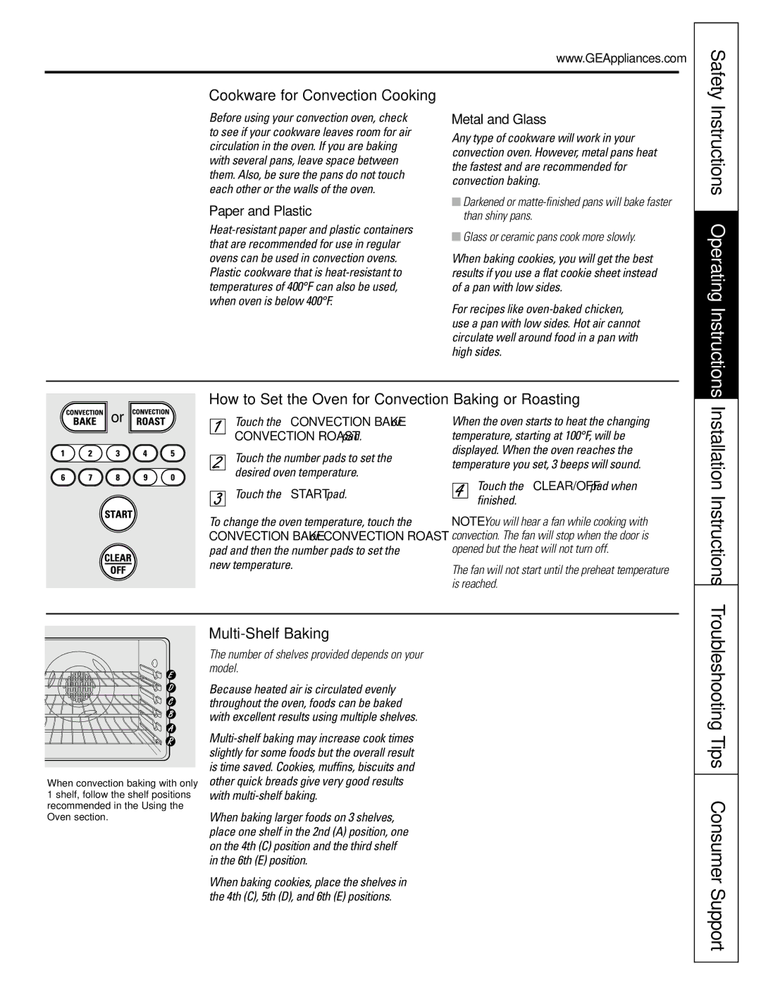 GE JGB920 Troubleshooting Tips Consumer Support, How to Set the Oven for Convection Baking or Roasting, Multi-Shelf Baking 