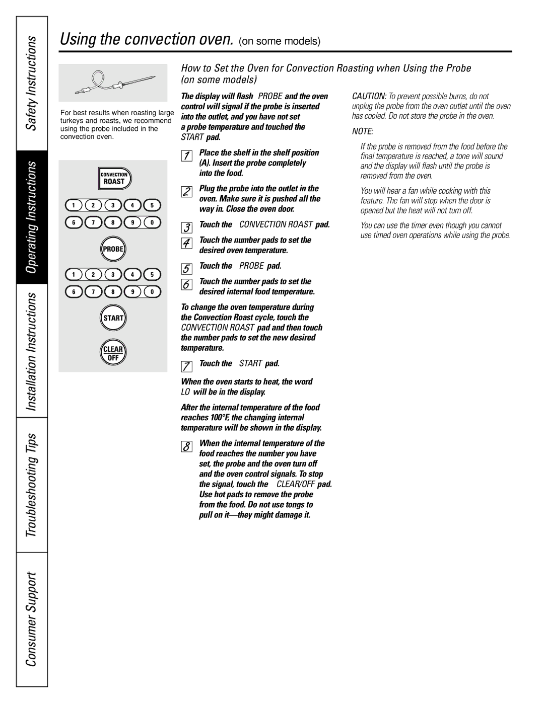 GE JGB920 installation instructions Operating Instructions Safety, Touch the Convection Roast pad 