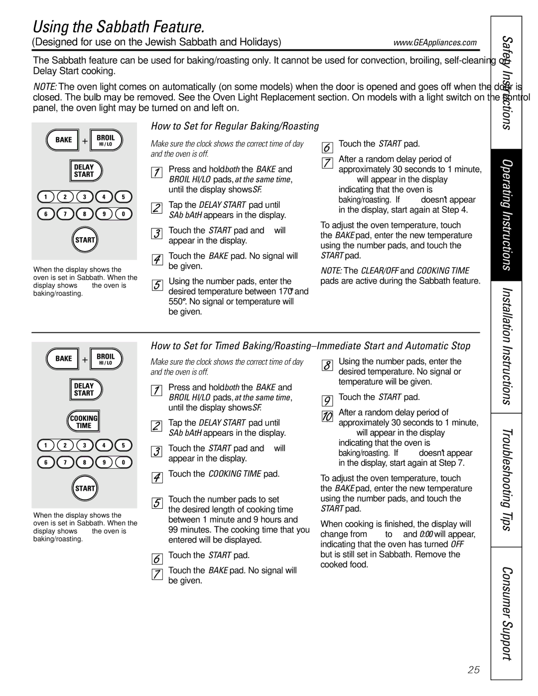 GE JGB920 installation instructions Using the Sabbath Feature, Instructions Troubleshooting Tips Consumer Support 