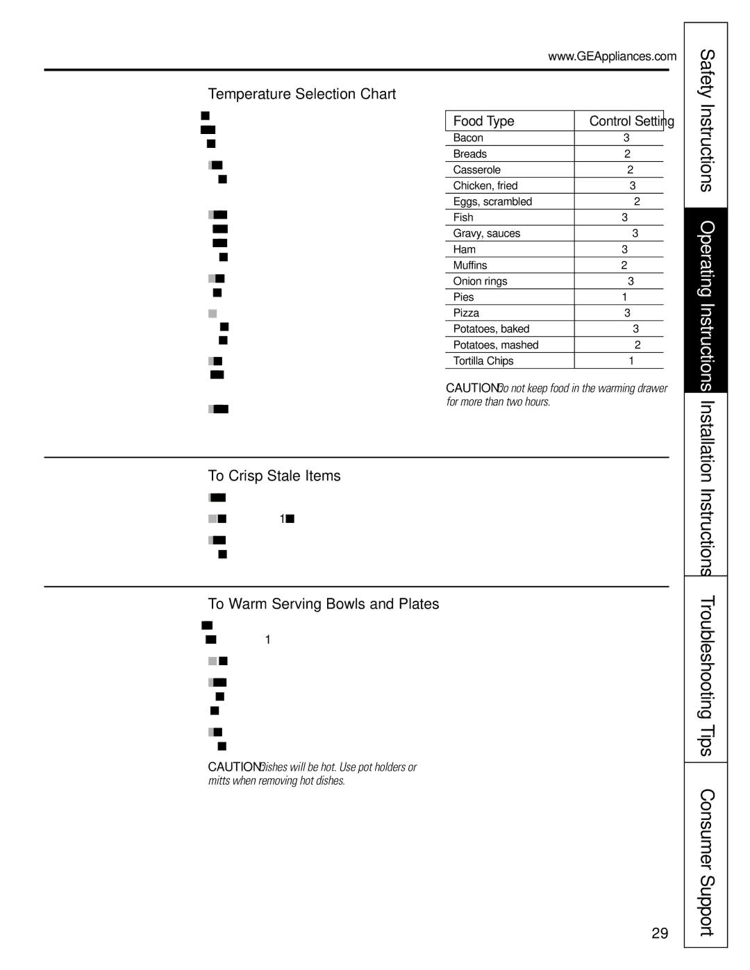 GE JGB920 Instructions Operating Instructions Installation, Temperature Selection Chart, To Crisp Stale Items 