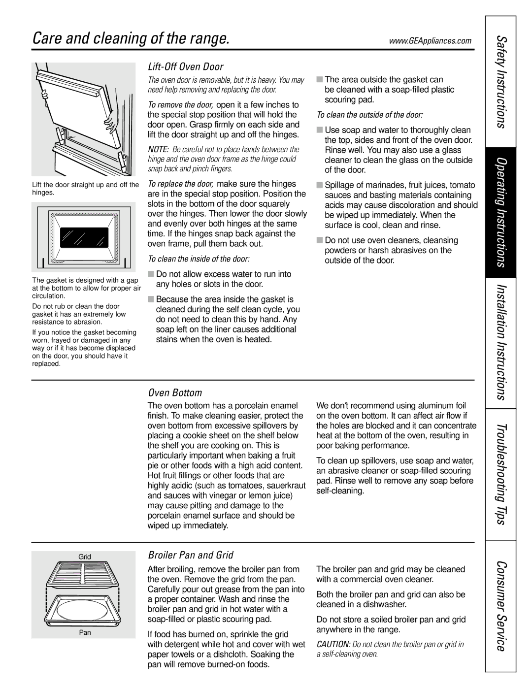 GE JGB920 installation instructions Troubleshooting Tips, Lift-Off Oven Door, Oven Bottom, Broiler Pan and Grid 