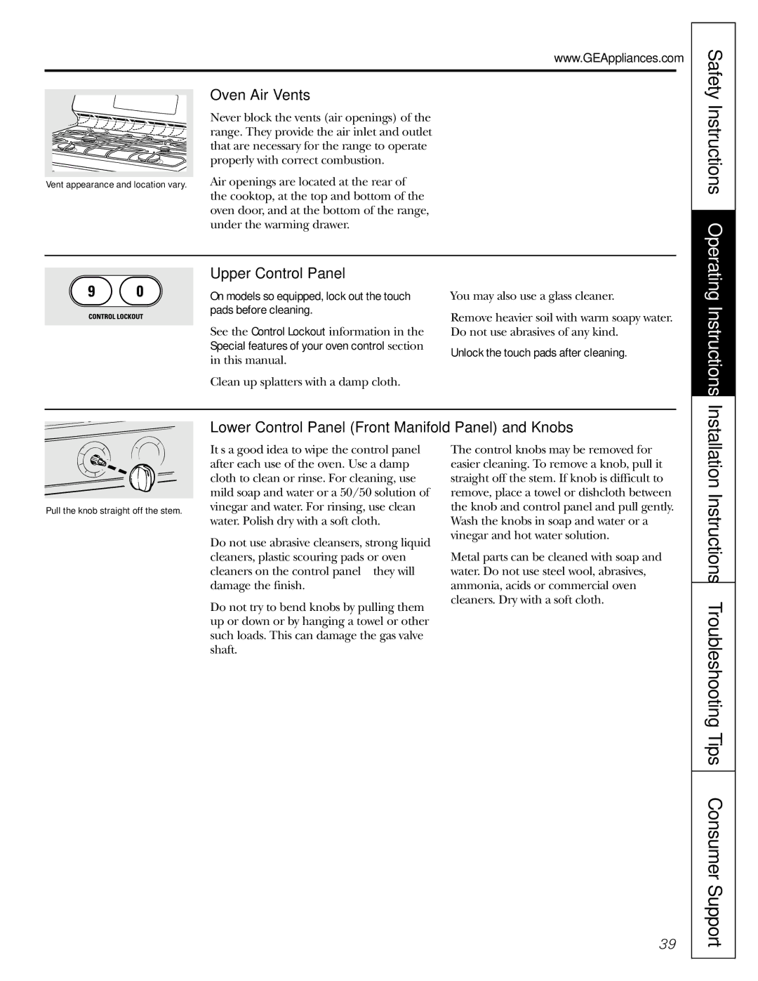 GE JGB920 Safety Instructions Operating, Oven Air Vents, Upper Control Panel, Unlock the touch pads after cleaning 