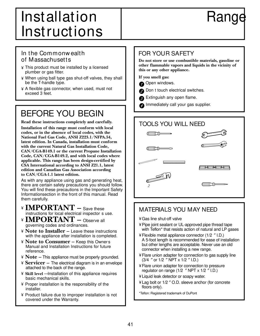 GE JGB920 installation instructions For Your Safety, Tools YOU will Need, Materials YOU MAY Need 