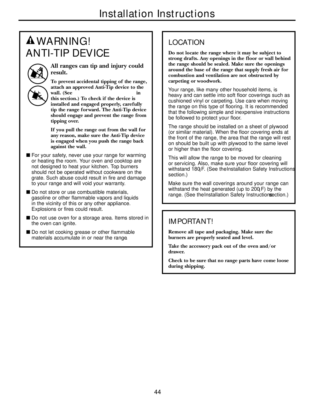 GE JGB920 installation instructions ANTI-TIP Device, Location 