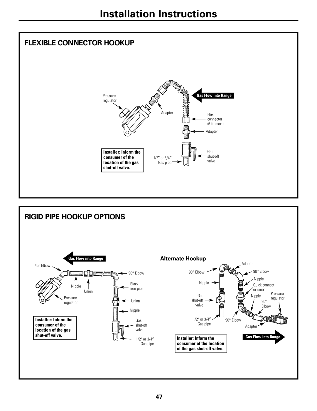 GE JGB920 installation instructions Flexible Connector Hookup, Rigid Pipe Hookup Options 