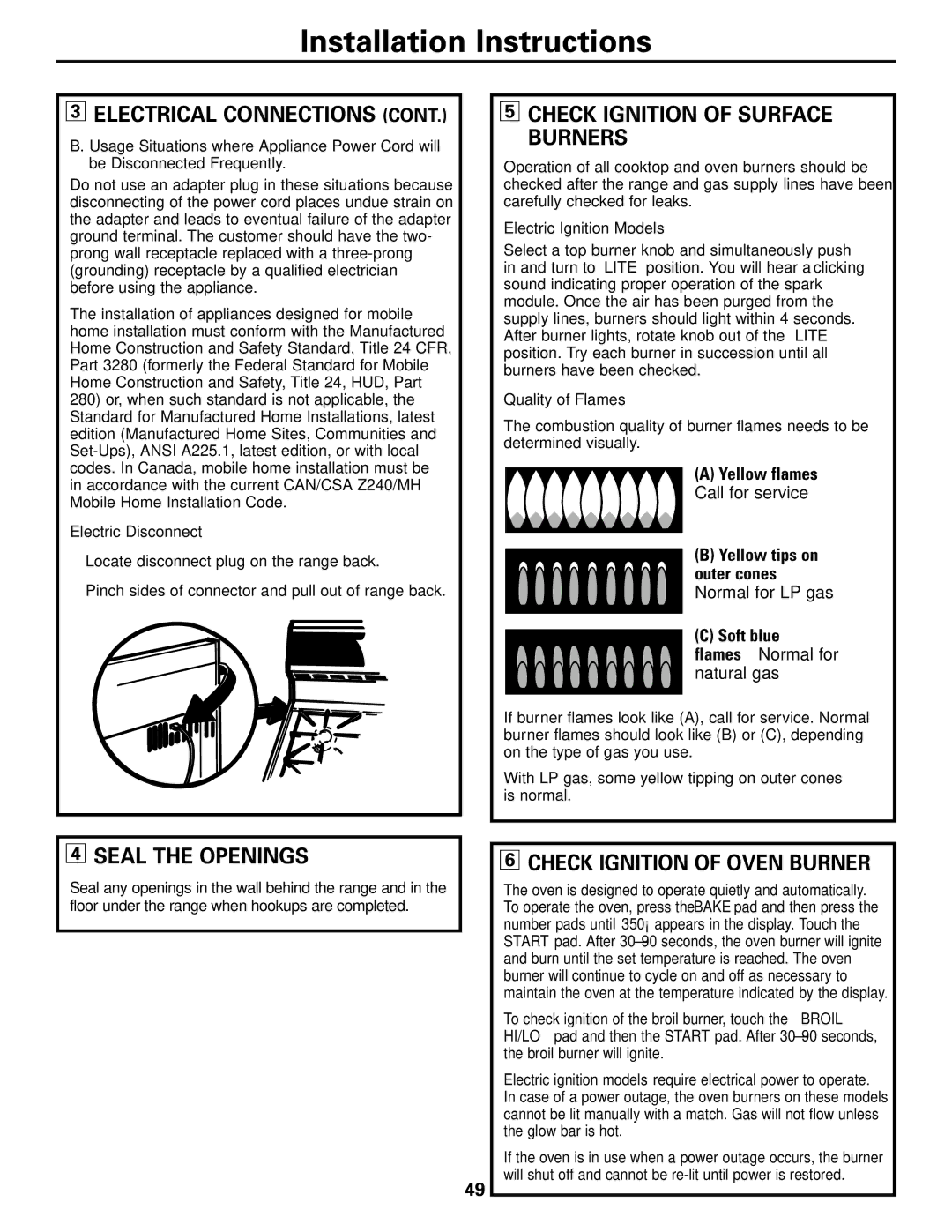 GE JGB920 installation instructions Check Ignition of Surface Burners, Seal the Openings, Check Ignition of Oven Burner 