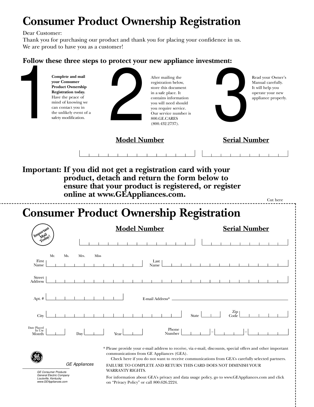 GE JGB920 installation instructions Consumer Product Ownership Registration 