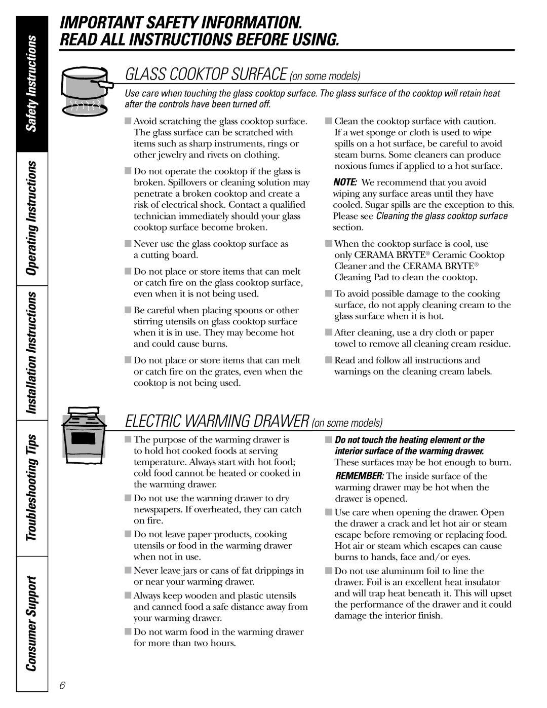 GE JGB920 Consumer Support Troubleshooting Tips, Installation Instructions Operating Instructions Safety 