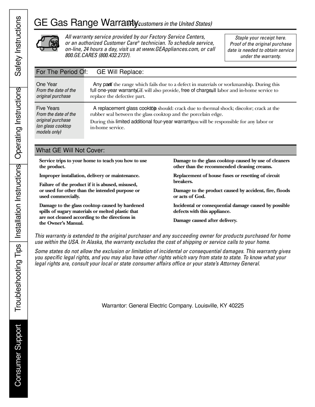 GE JGB920 installation instructions GE Will Replace, What GE Will Not Cover 