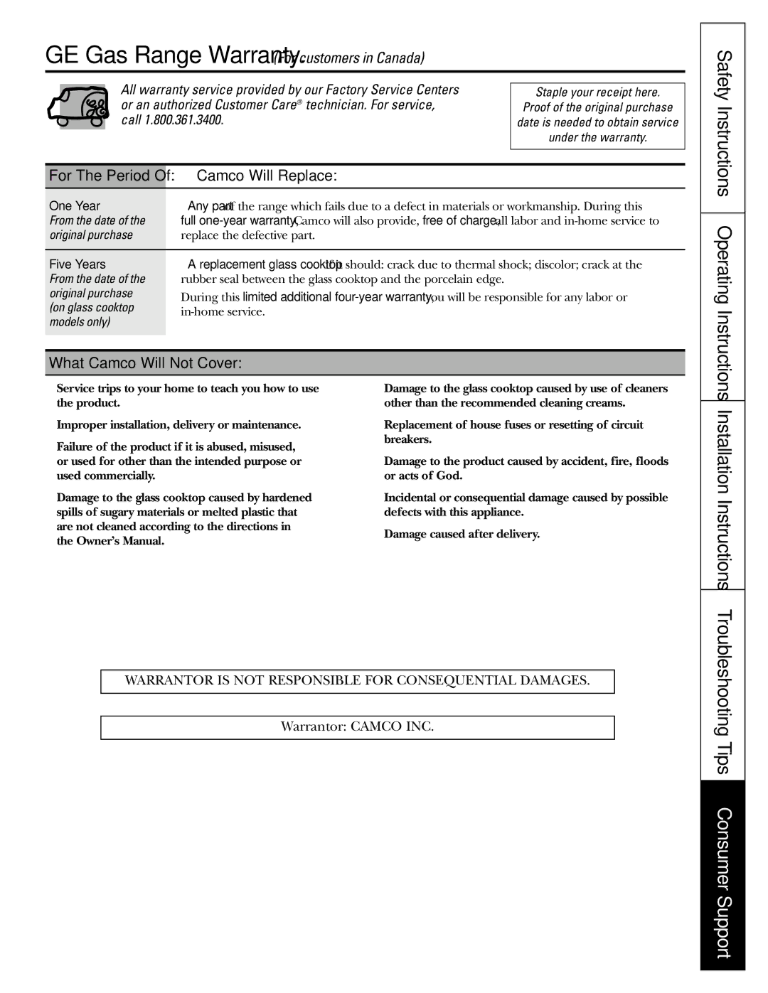 GE JGB920 Safety Instructions Operating Instructions, Camco Will Replace, What Camco Will Not Cover, Under the warranty 