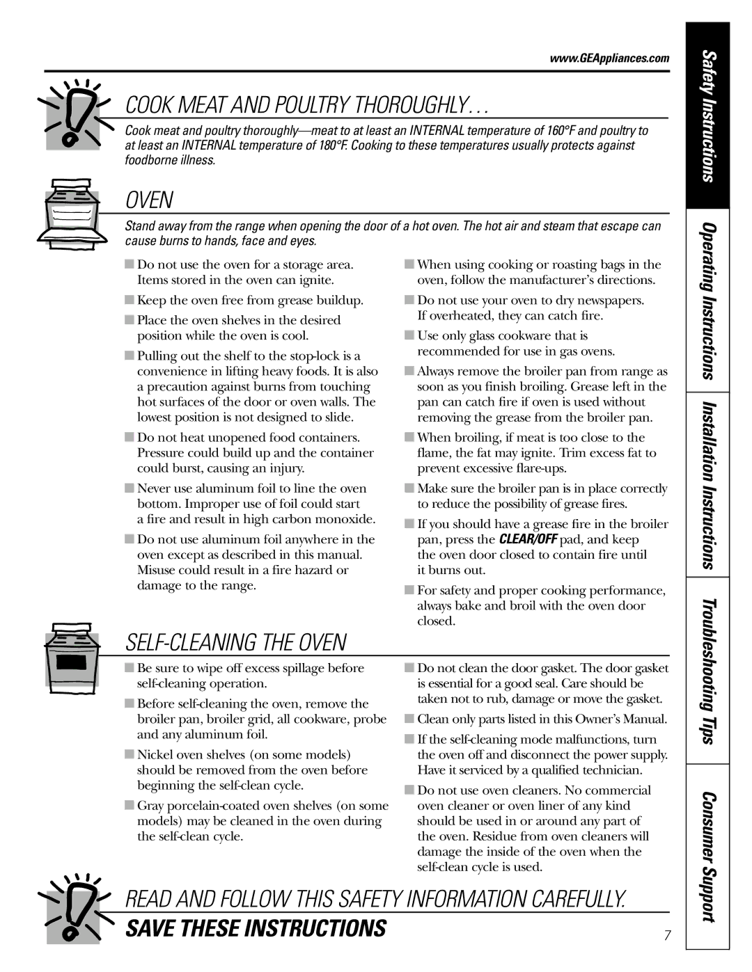 GE JGB920 installation instructions Cook Meat and Poultry THOROUGHLY…, Troubleshooting Tips Consumer 