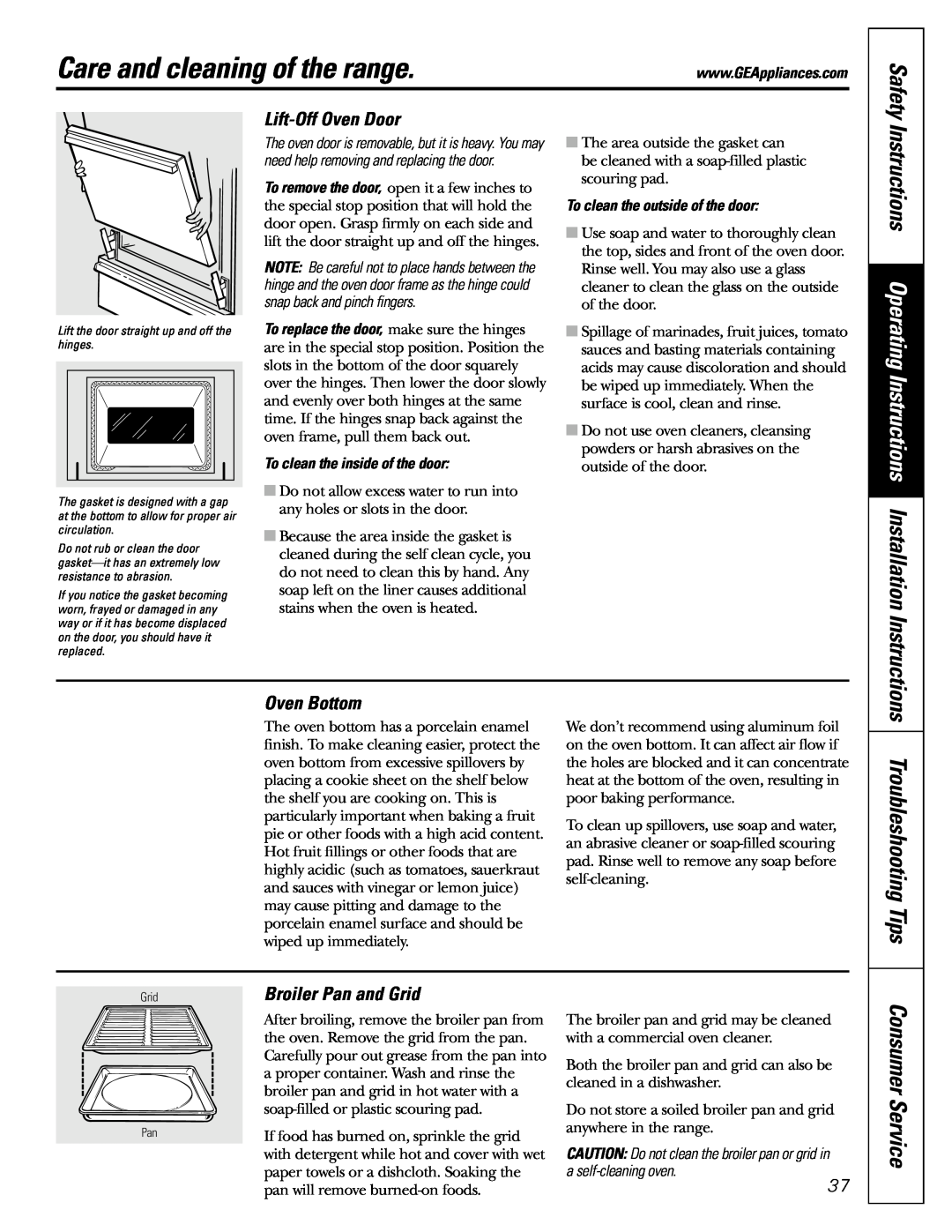 GE JGB920 Troubleshooting Tips, Instructions Operating Instructions Installation Instructions, Lift-Off Oven Door, Safety 