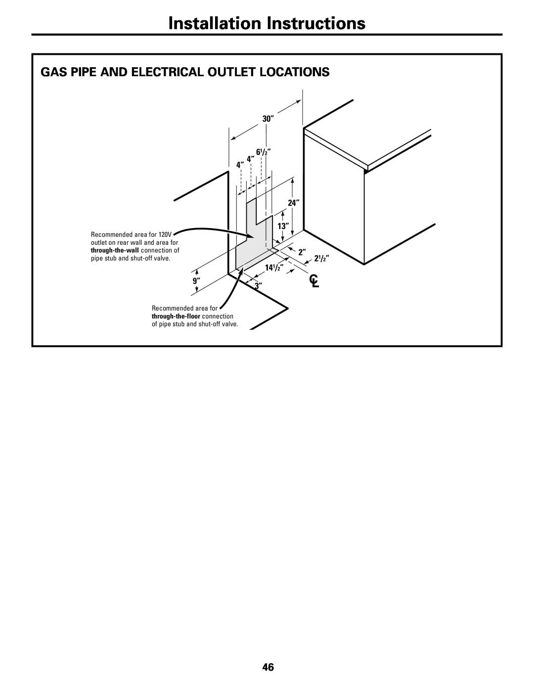 GE JGB920 Gas Pipe And Electrical Outlet Locations, Installation Instructions, 6 1/ 2”, 4” 4”, 14 1/ 2”, 2 1/ 2” 
