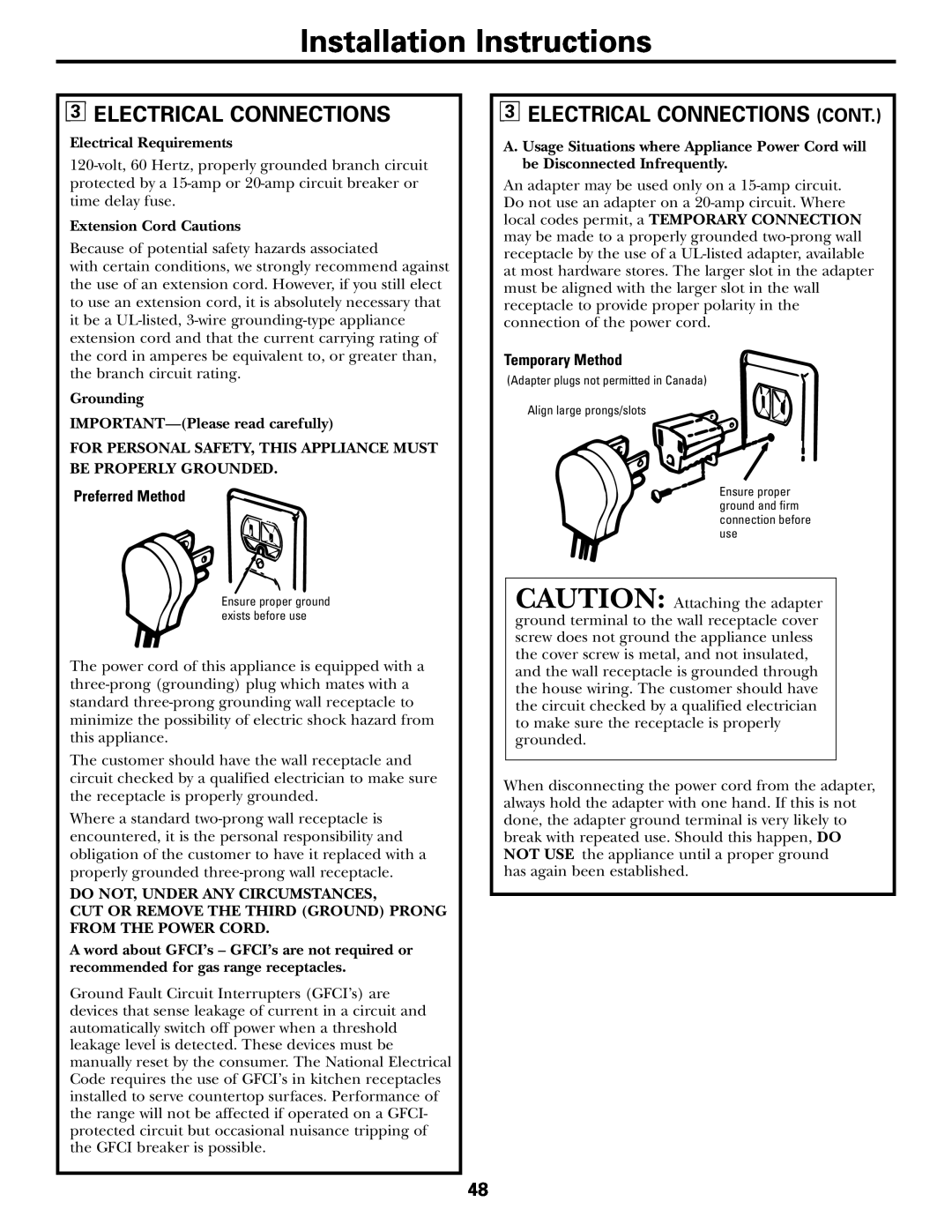 GE JGB920 Electrical Connections Cont, Installation Instructions, Preferred Method, Temporary Method 