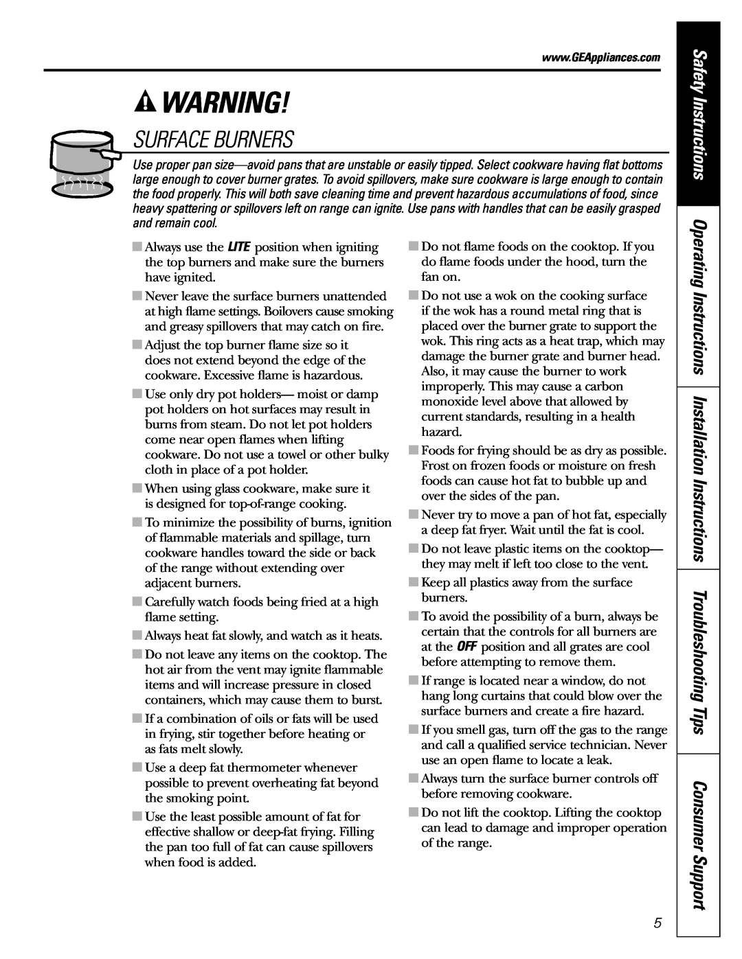 GE JGB920 installation instructions Surface Burners, Safety Instructions 