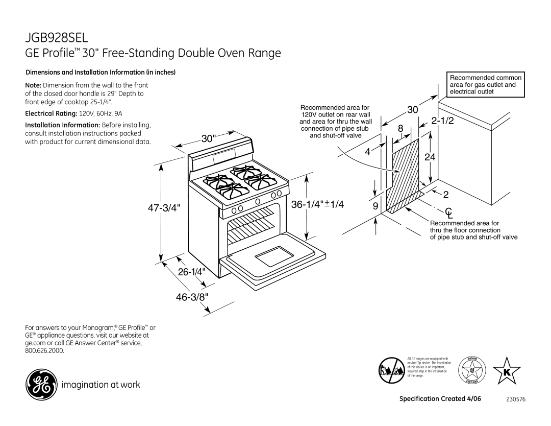 GE JGB928SEL dimensions GE Profile 30 Free-Standing Double Oven Range, 47-3/4 26-1/4 46-3/8, 36-1/4+1/4 