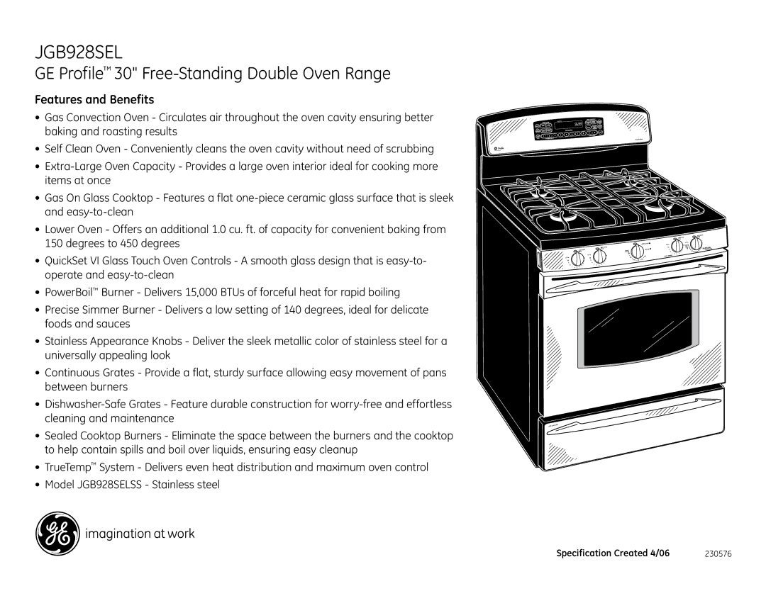 GE JGB928SEL dimensions GE Profile 30 Free-Standing Double Oven Range, Features and Benefits, Lower Oven 