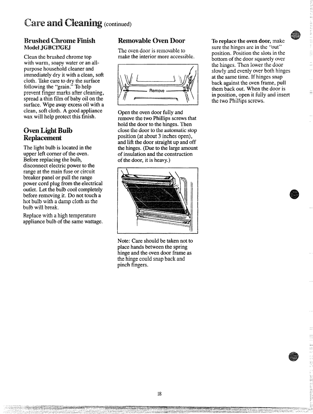 GE JGBC16GPJ manual BrushedChmneFinish, Replacement, RemovableOwn Door 