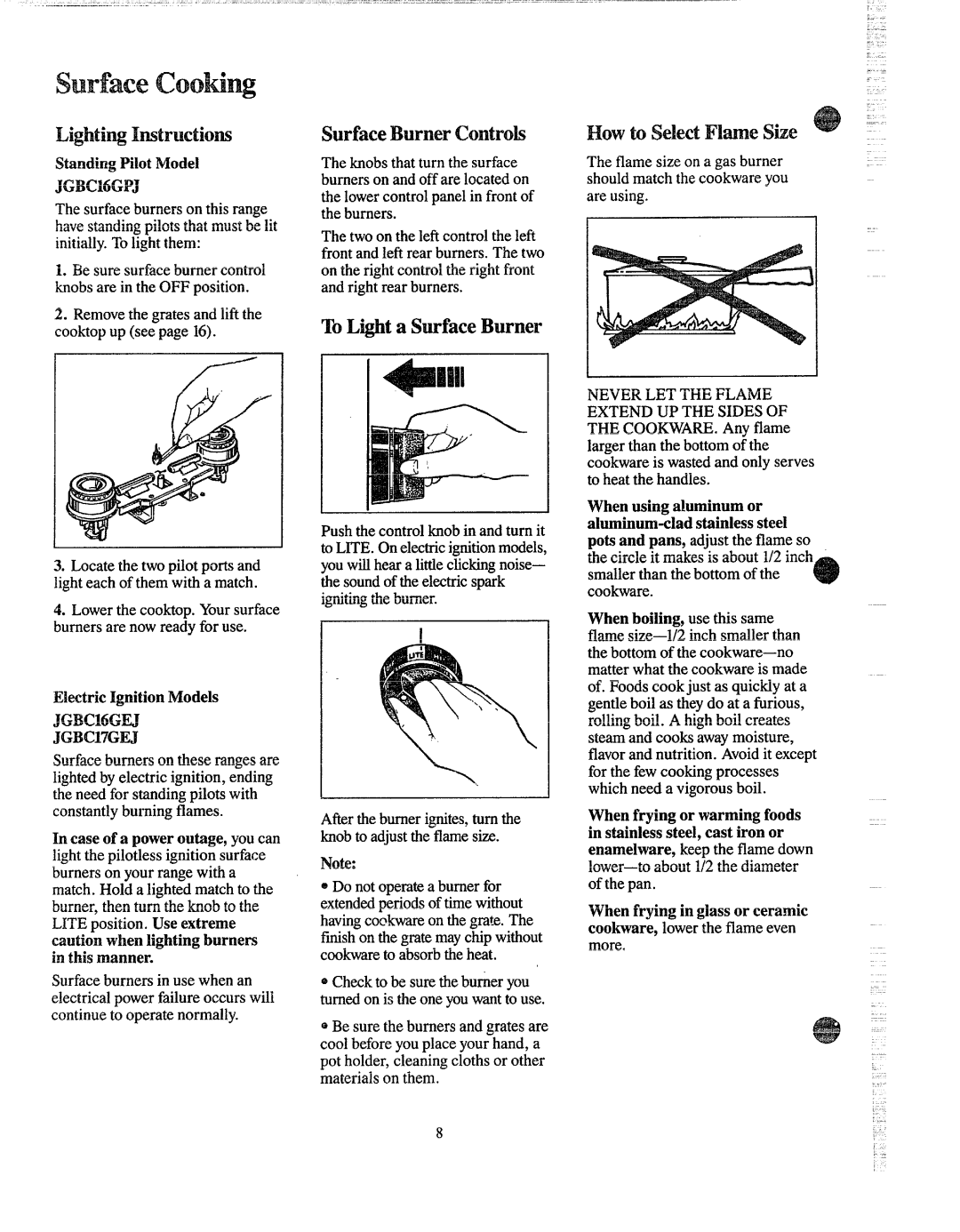 GE JGBC16GPJ Lighti~ Itiructiom, SurfaceBurnerControk, ’10 Lighta $urfmeBurner, HowtoSelectFlme Size, JG~C~6GEJ JGK17GEI 