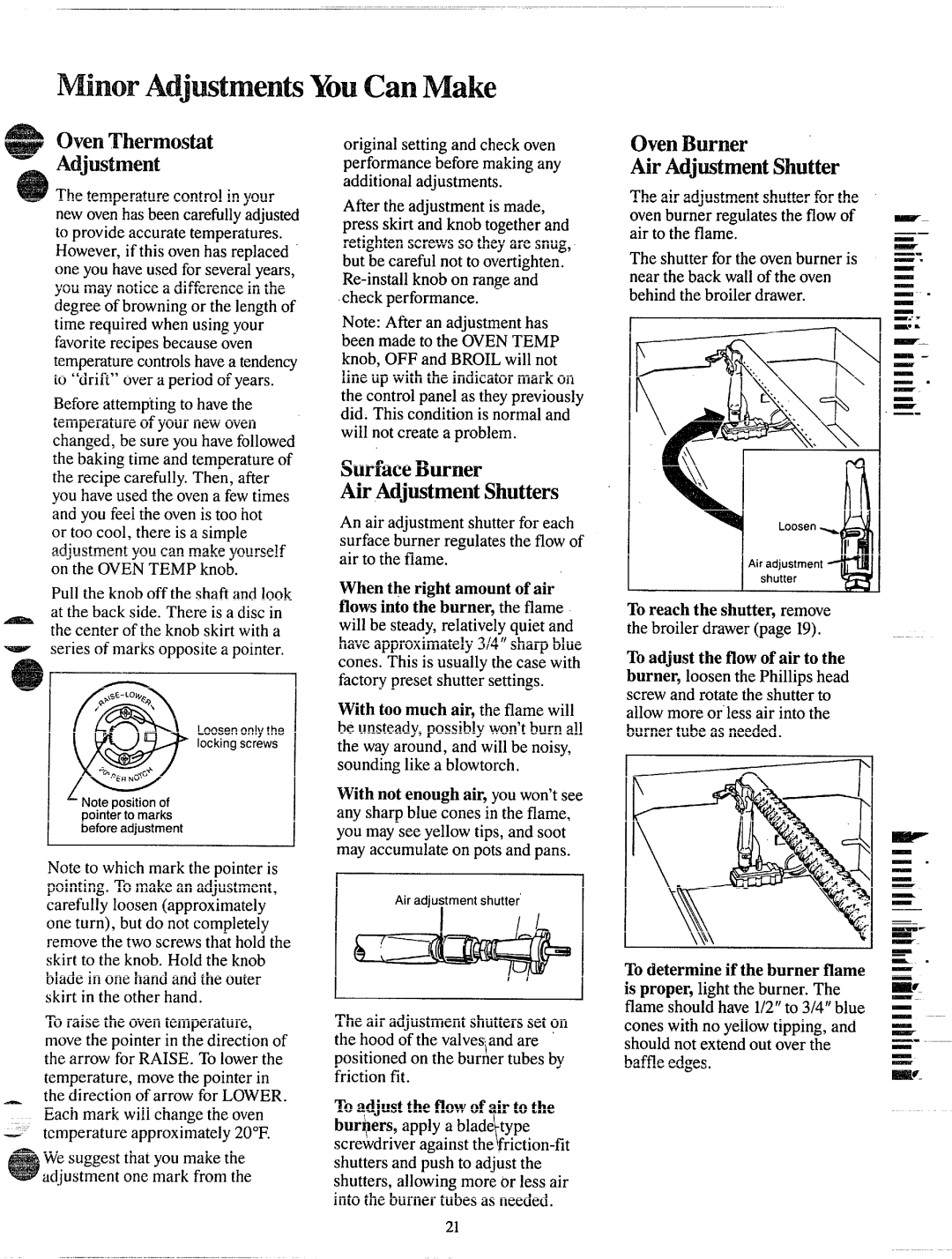 GE JGBC17GEK, JGBC15GEK, JGBC15GPK MinorAdjwtmenkYouCanMake, OvenThermostat Adjustment, OvenBurner AirAdjustmentShutter 