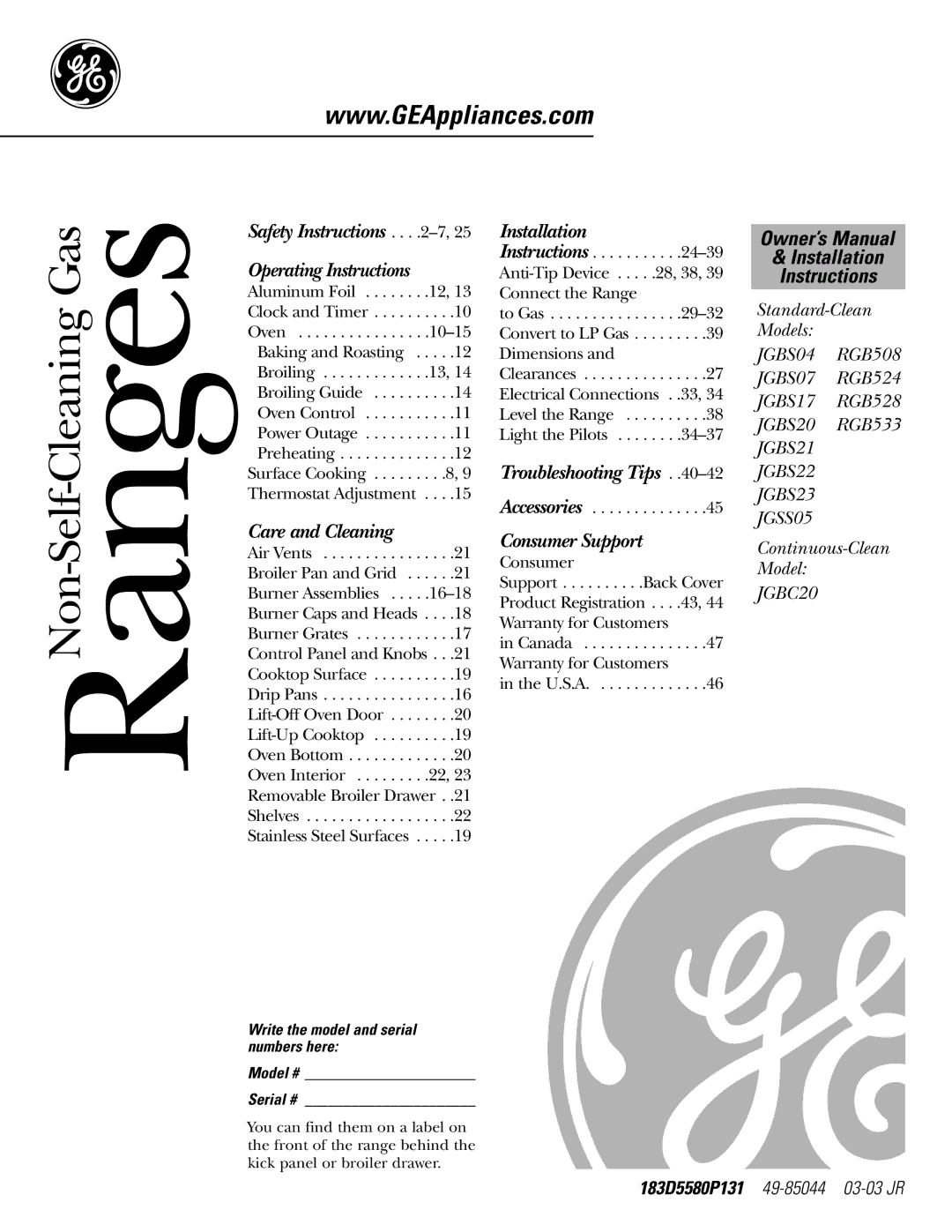 GE JGBC20 installation instructions Non-Self-Cleaning Gas, Write the model and serial numbers here Model # Serial # 