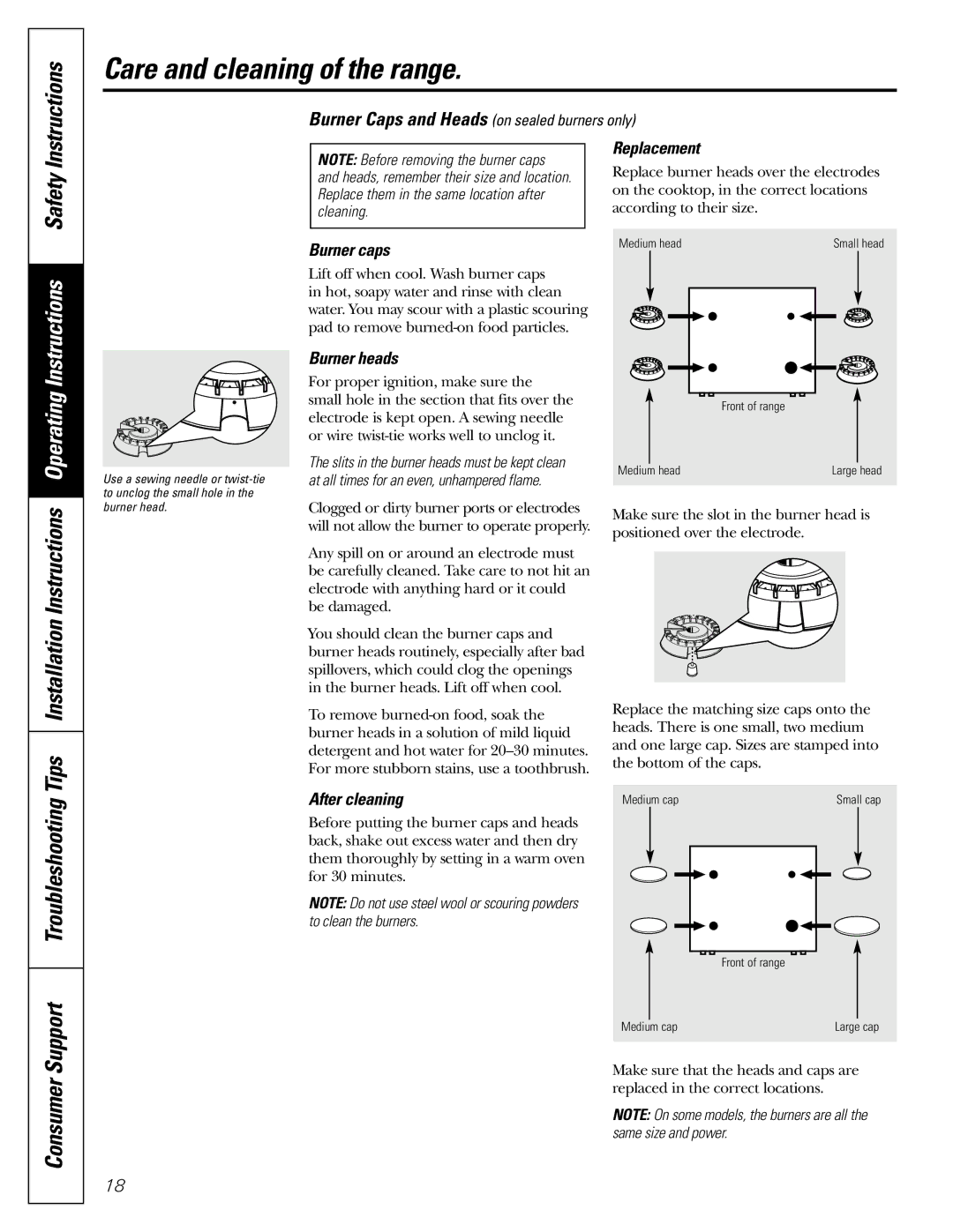 GE JGBC20 installation instructions Burner caps 