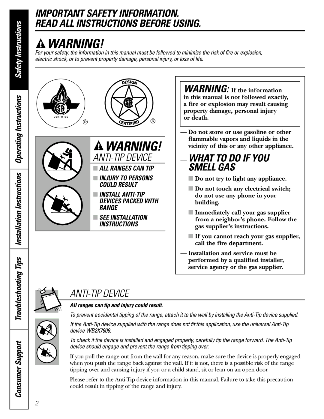 GE JGBC20 installation instructions ANTI-TIP Device, Consumer Support Troubleshooting 