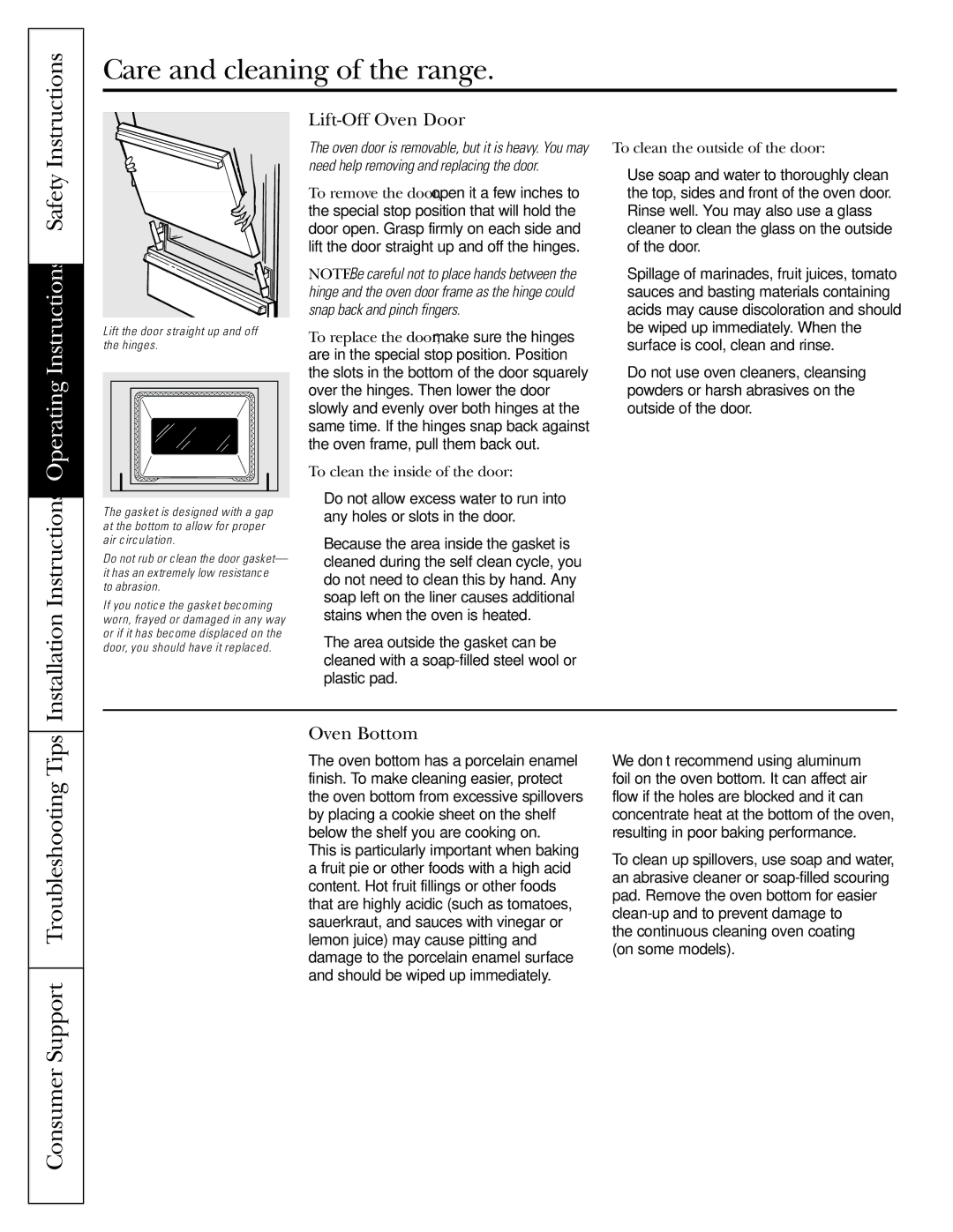 GE JGBC20 Consumer Support Troubleshooting Tips, Lift-Off Oven Door, Oven Bottom, To clean the outside of the door 