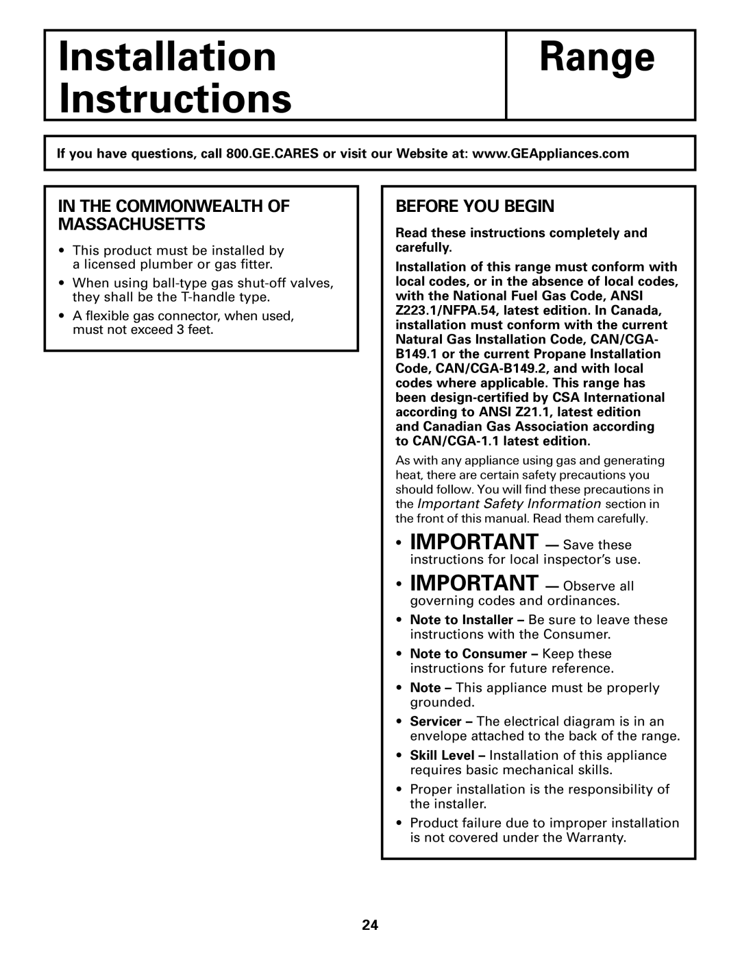 GE JGBC20 installation instructions Commonwealth of Massachusetts, Before YOU Begin 