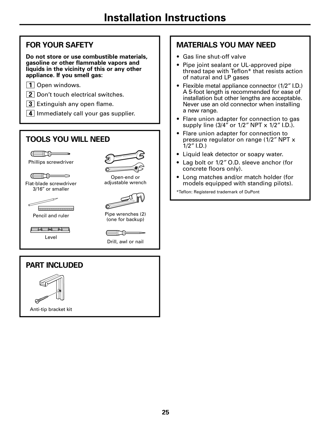 GE JGBC20 installation instructions For Your Safety, Tools YOU will Need, Part Included, Materials YOU MAY Need 