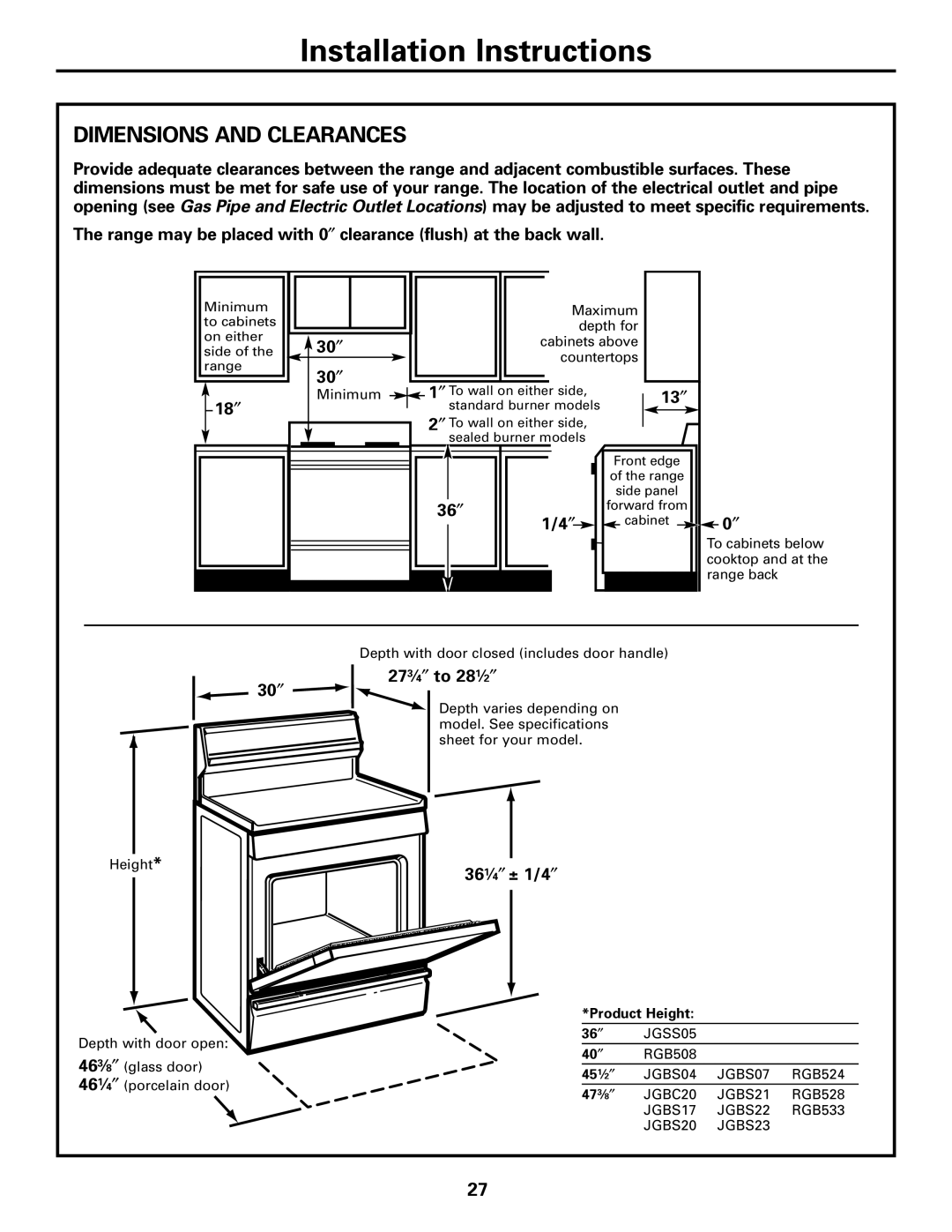 GE JGBC20 installation instructions Dimensions and Clearances 