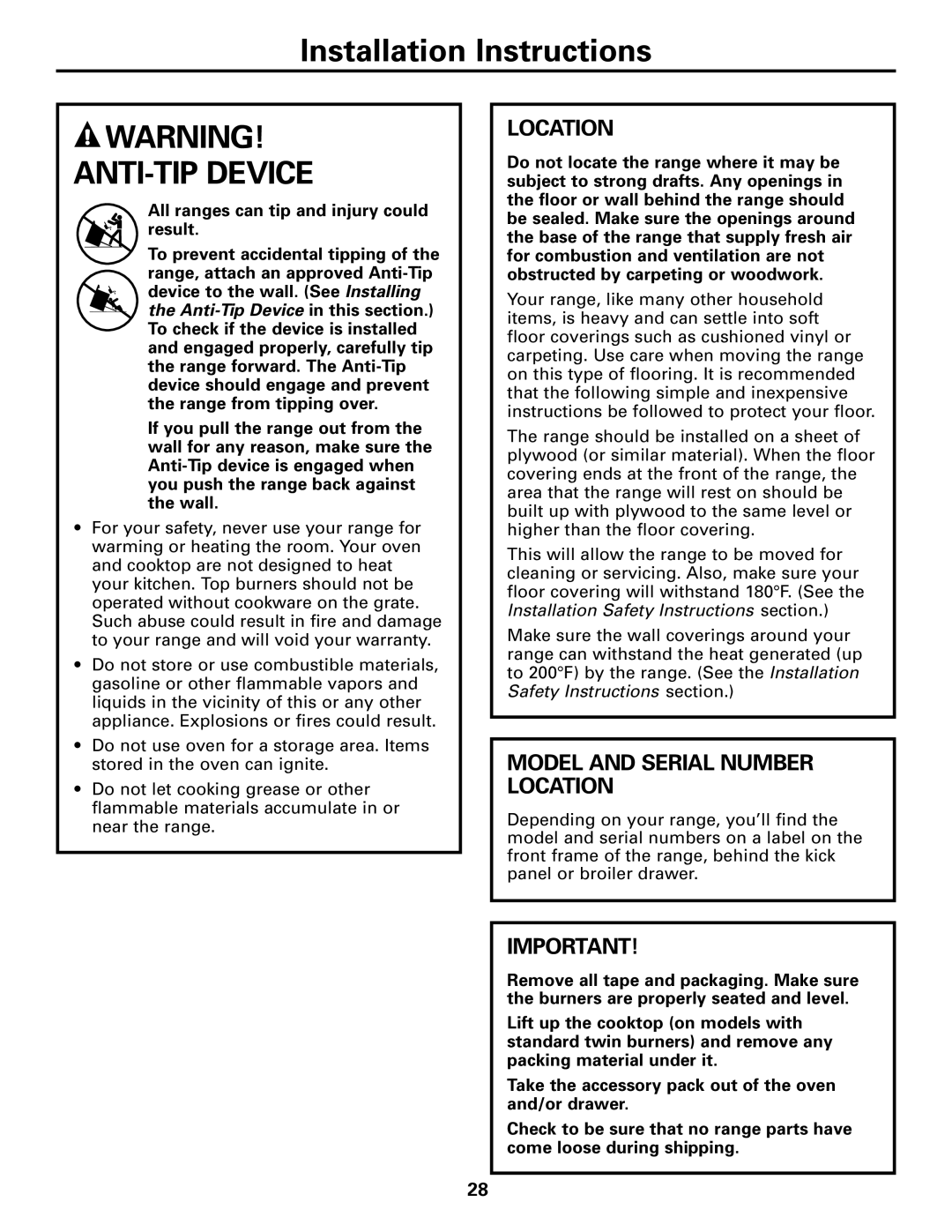 GE JGBC20 installation instructions Model and Serial Number Location 