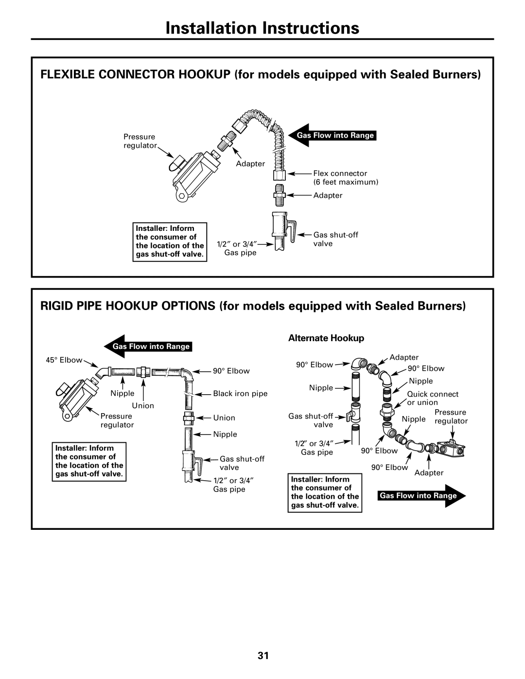 GE JGBC20 installation instructions Alternate Hookup, Gas Flow into Range 