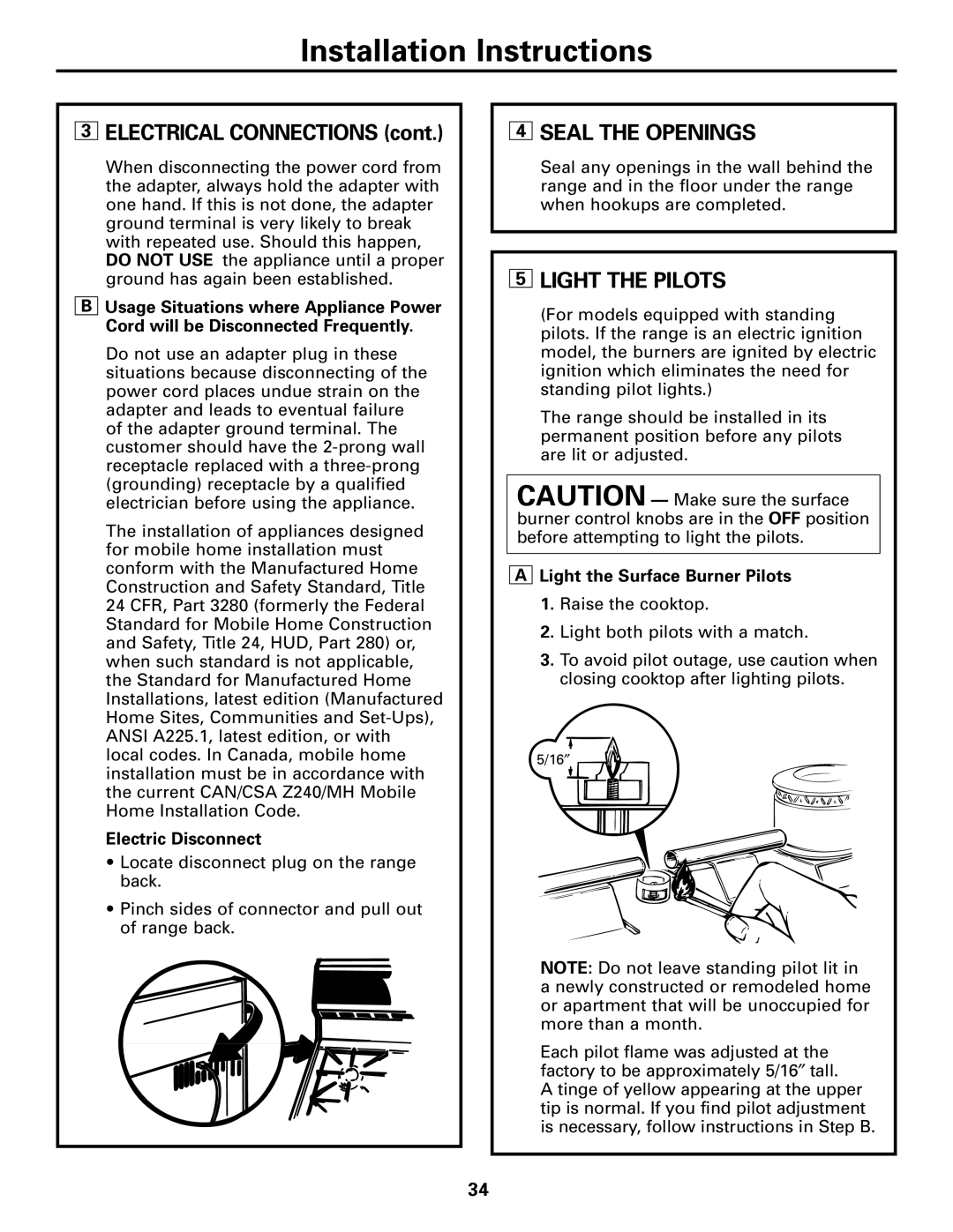 GE JGBC20 Seal the Openings, Light the Pilots, Electric Disconnect, Light the Surface Burner Pilots 