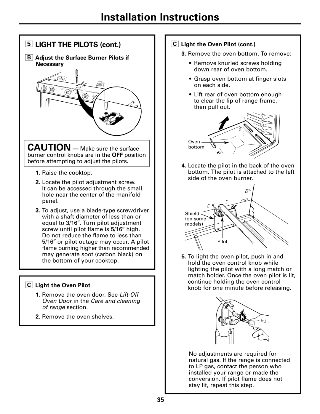 GE JGBC20 installation instructions Adjust the Surface Burner Pilots if Necessary, Light the Oven Pilot 