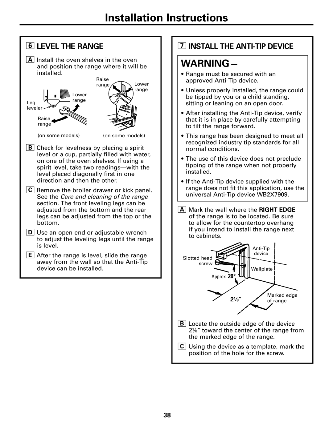 GE JGBC20 installation instructions Level the Range, Install the ANTI-TIP Device, Range must be secured with an, ⁄ 8 ″ 