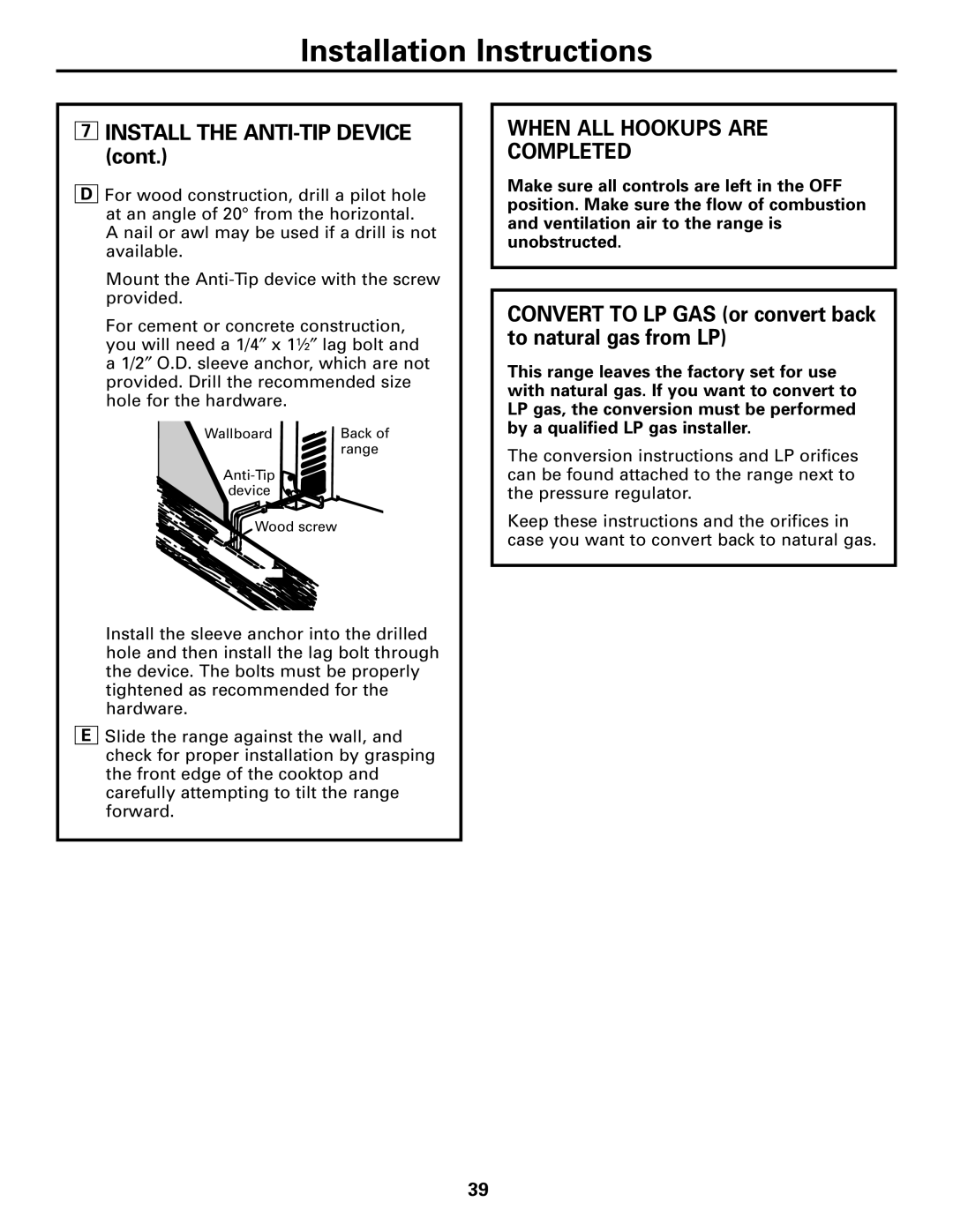 GE JGBC20 installation instructions Install the ANTI-TIP Device, When ALL Hookups are Completed 