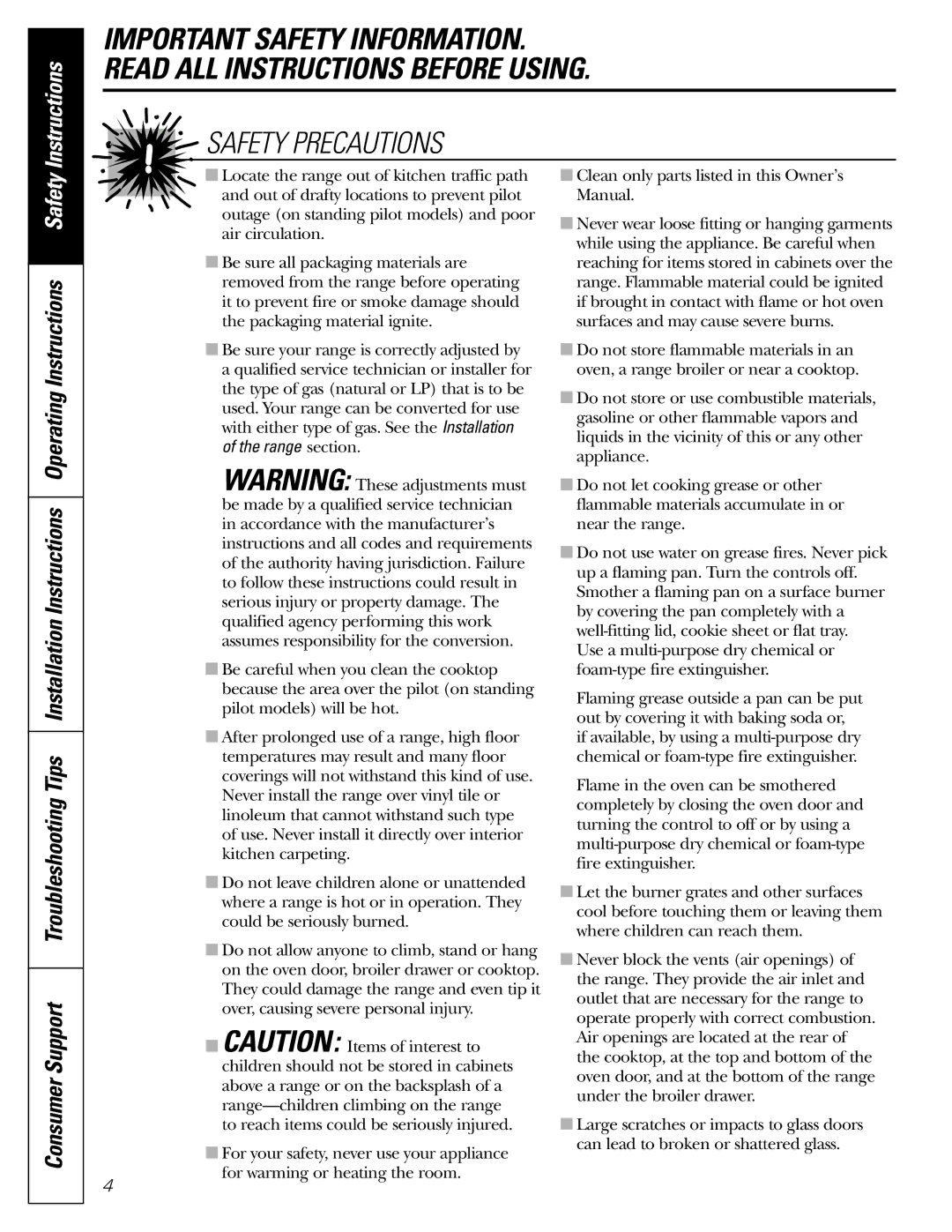 GE JGBC20 installation instructions Operating Instructions Safety 