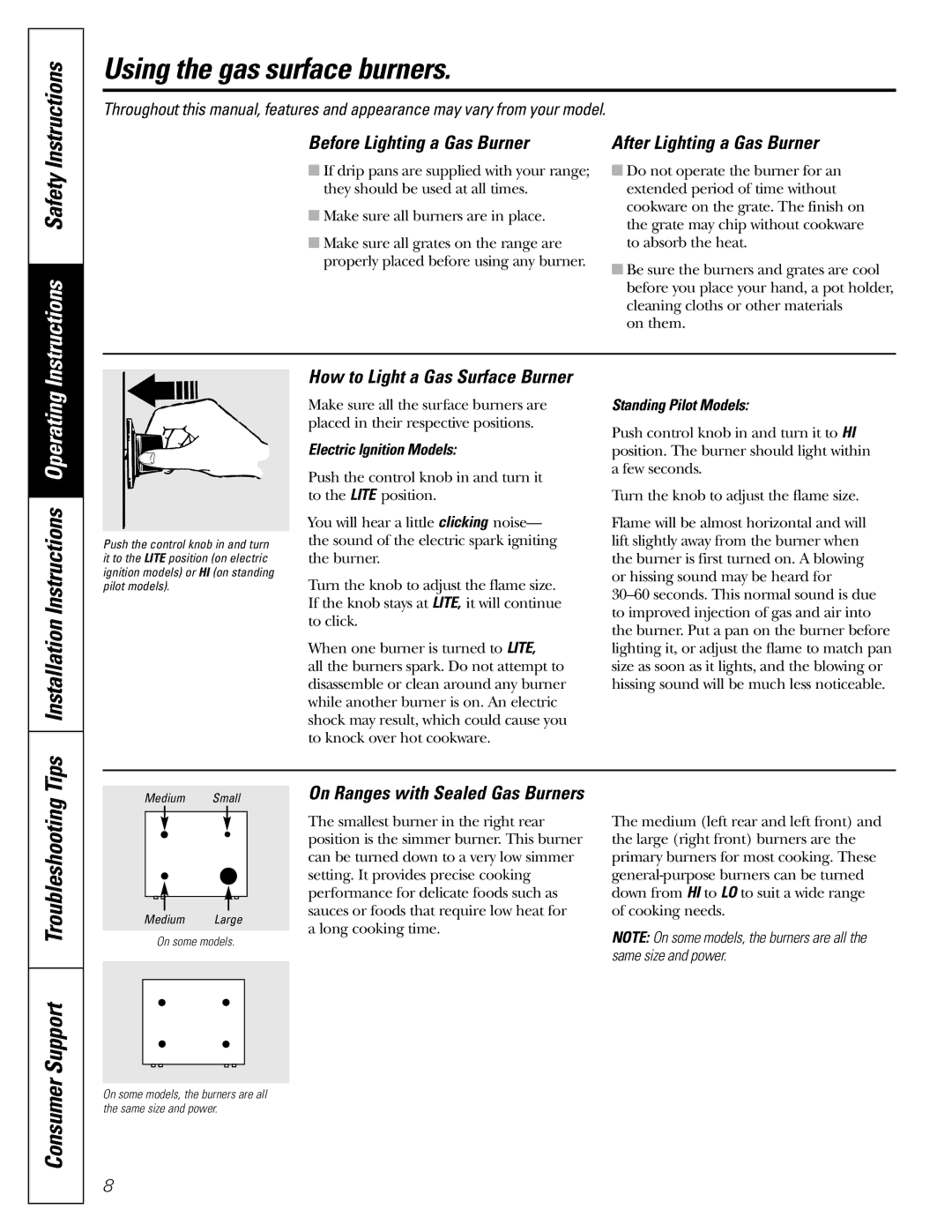 GE JGBC20 Using the gas surface burners, Tips Installation Instructions Operating, Before Lighting a Gas Burner 