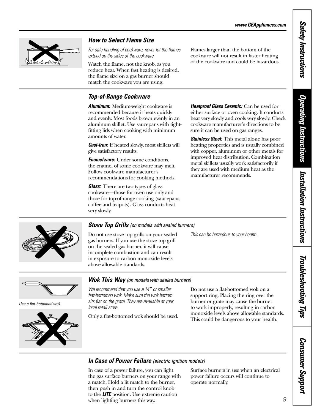 GE JGBC20 installation instructions How to Select Flame Size, Top-of-Range Cookware, Instructions Troubleshooting Tips 